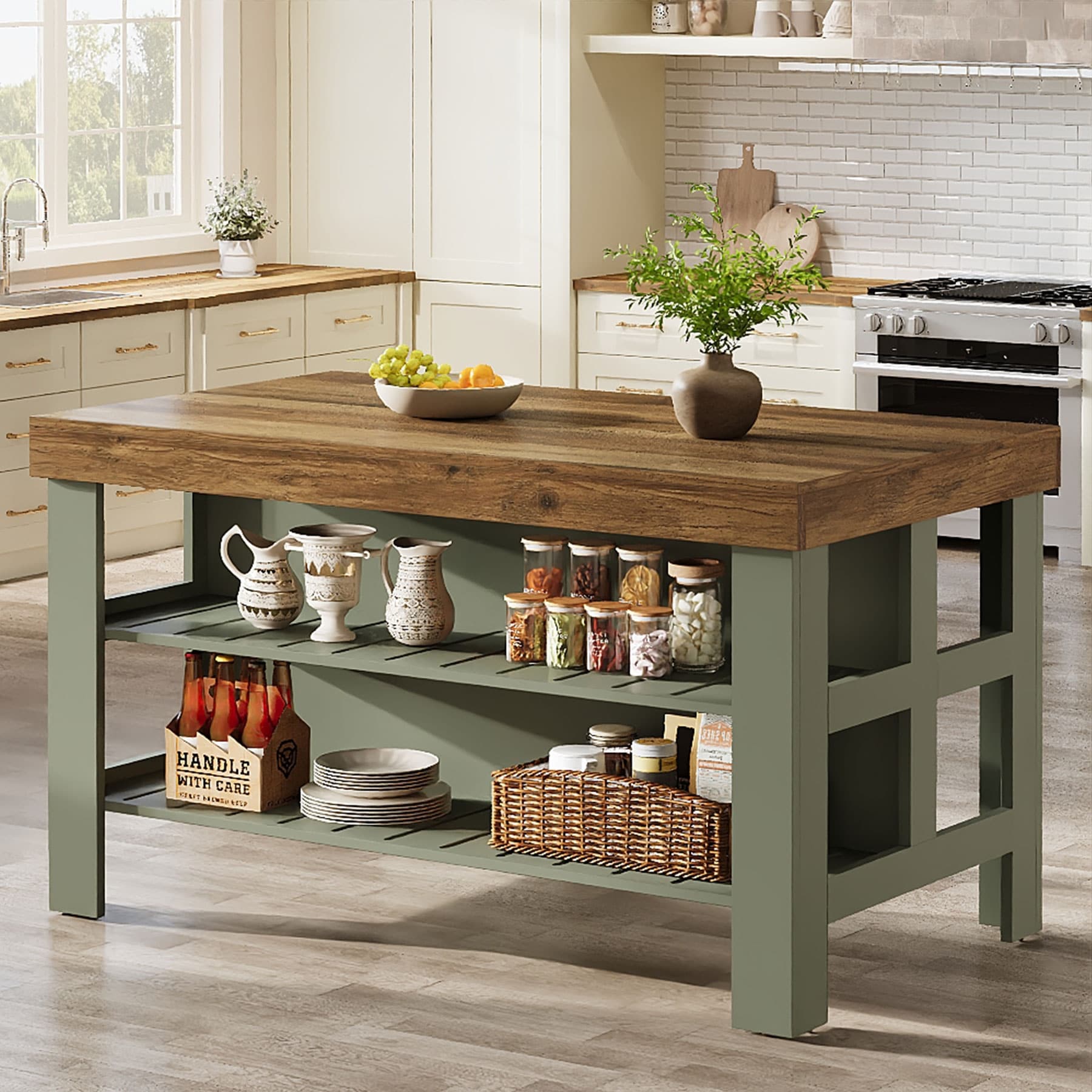 55.1-Inch Kitchen Island with Storage, 3-Tier Farmhouse Island Table wtih Large Countertop