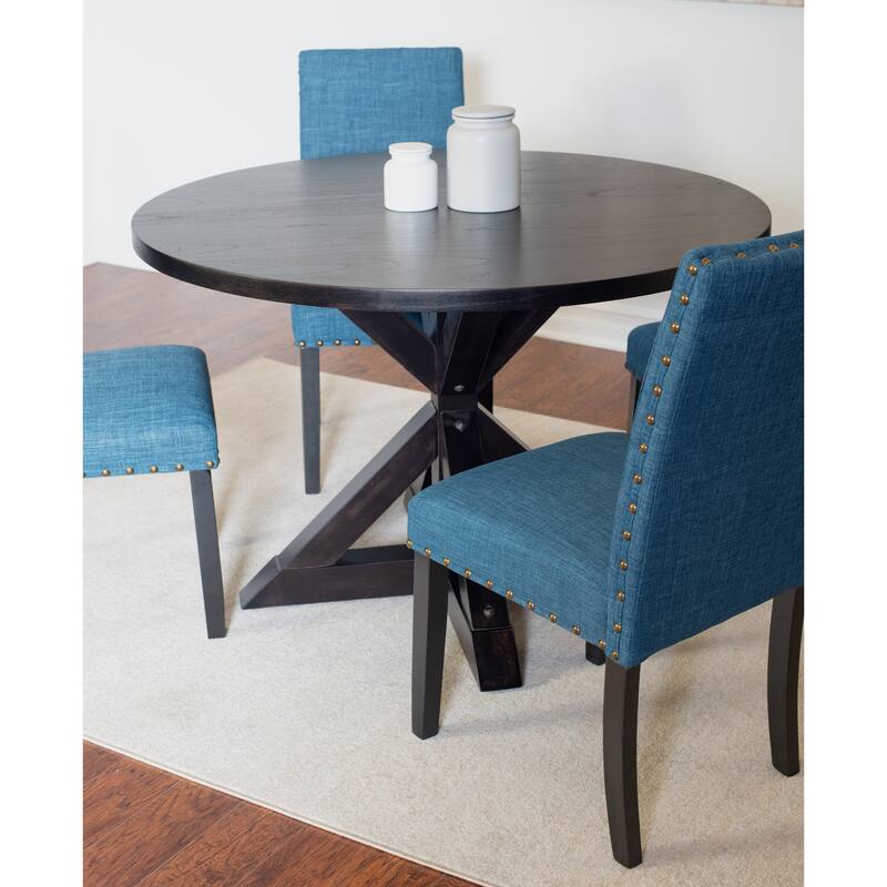 Farmhouse 5-Piece Dining Table Set with Blue Padded Dining Chairs