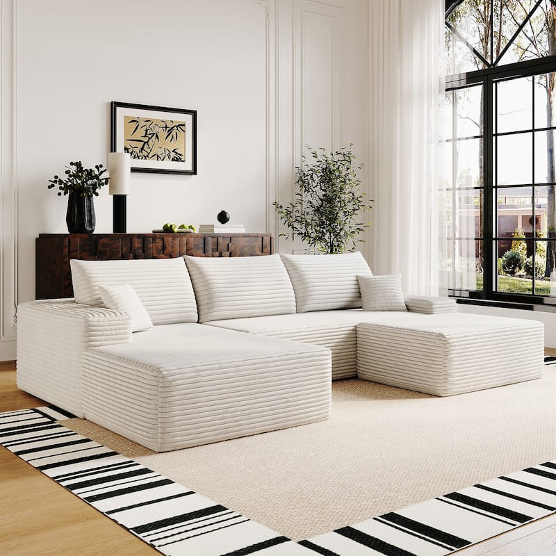 Corduroy Upholstered Symmetrical Chaise Sectional Sofa with Ottoman