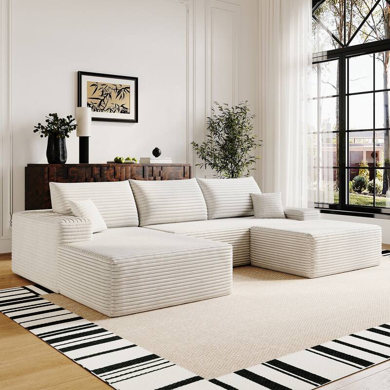 U-Shape Modular Sectional Sofa with Chaise & Ottoman, Corduroy Boneless Cloud Sofa, Corner Upholstered Sleeper Sofa
