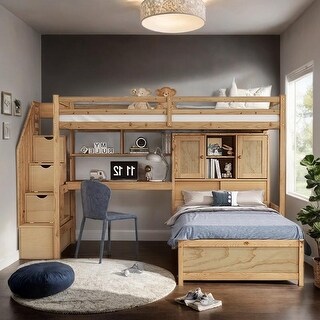 Multi-Functional Wood Loft Bed with Built-in Desk, Twin over Twin Bed with Staircase, Storage Compartments and Shelves
