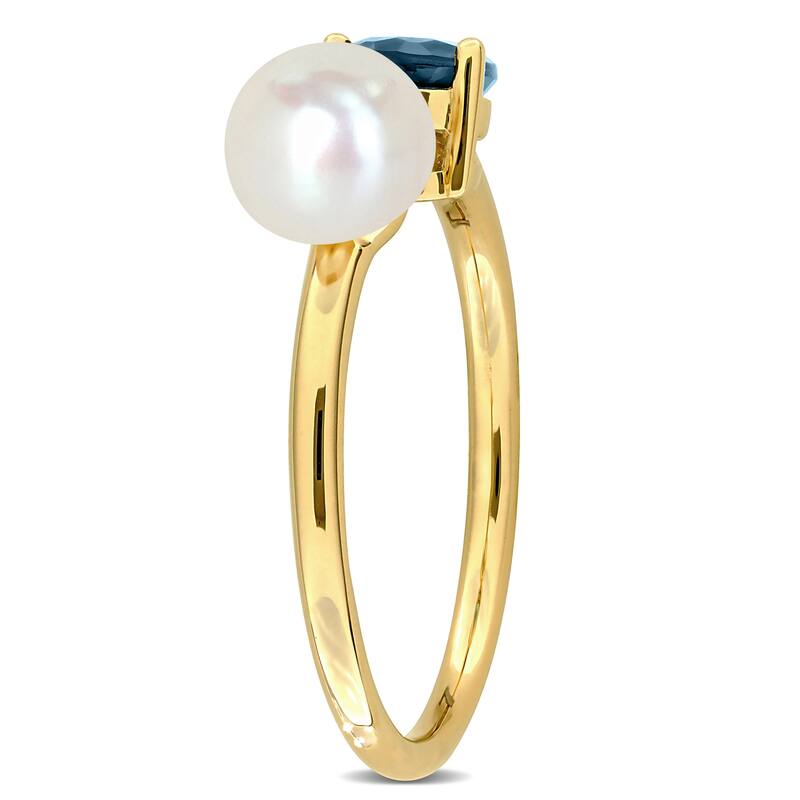 Miadora 7/8ct TGW Pear-Cut London Blue Topaz Cultured Freshwater Pearl Ring 10k Yellow Gold