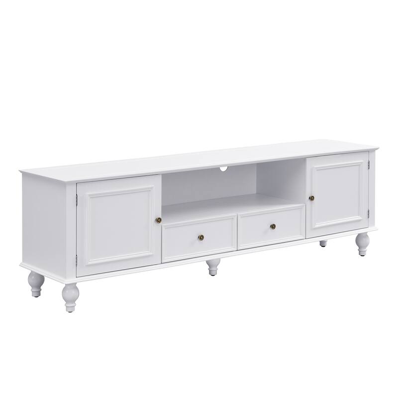 Modern TV Stand for TVs up to 80 Inches, Entertainment Center with Open Compartment, 2 Drawers, 2 Cabinets and 5 Solid Legs
