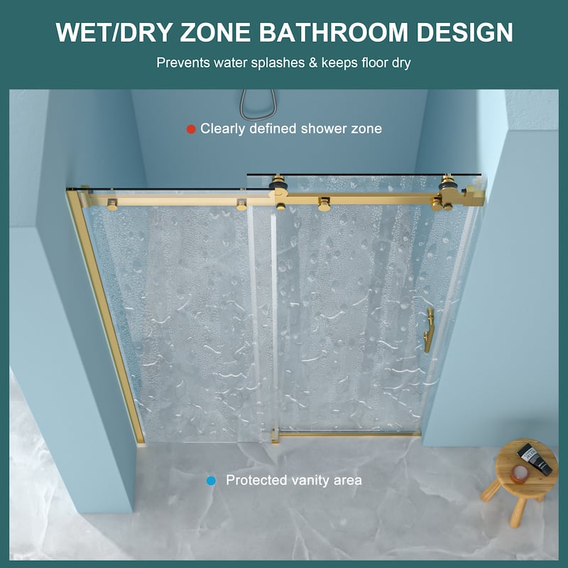 48"W x 76"H Gold Stainless Steel Single-Slide Shower Door with 8mm Tempered Glass – Reversible Left or Right Installation