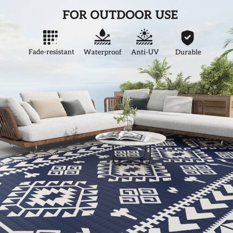 Reversible Outdoor Rug Rhombus Patchwork, UV-Protected, Foldable & Portable Polypropylene Mat - 215.7" L x 107.9" W