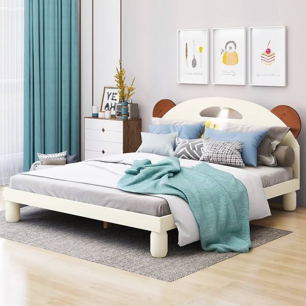 slide 2 of 8, Full Size Pine Wood Bear Ears Platform Bed with LED lights