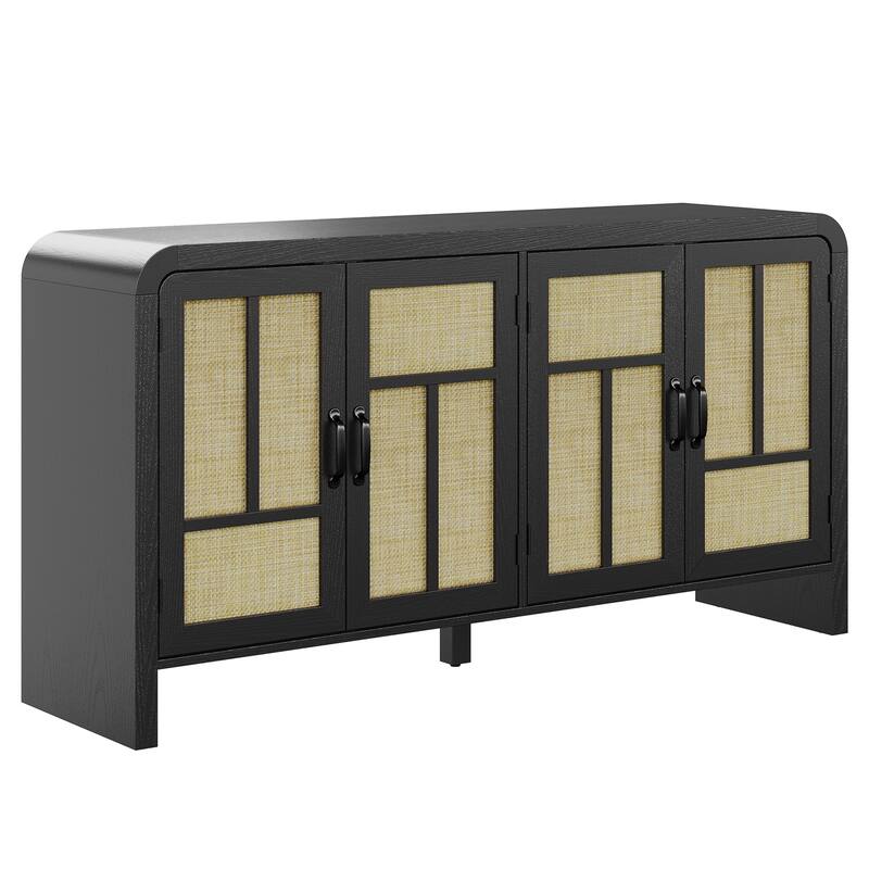 Rattan Sideboard Buffet Cabinet with 4 Doors - Black