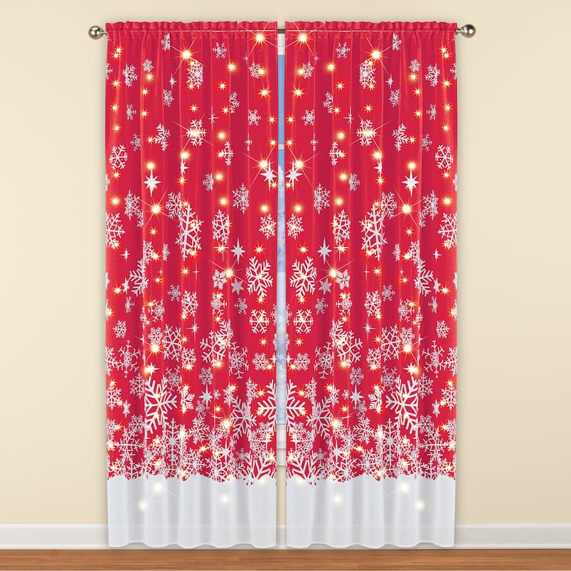 LED Lighted Snowflake Sheer 2-Piece Curtain Drapes - 15.250 x 14.100 x 1.250 - Red