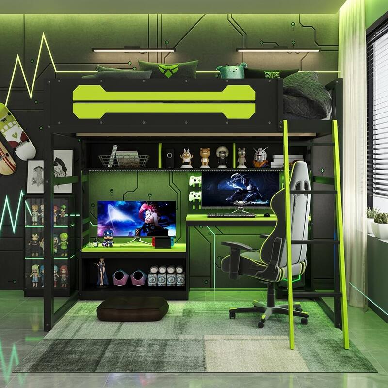 E-Sport Elite Full Size Loft Bed with RGB Lighting, Charging Station & Gaming Desk Hub by Harper&Bright Designs - Green