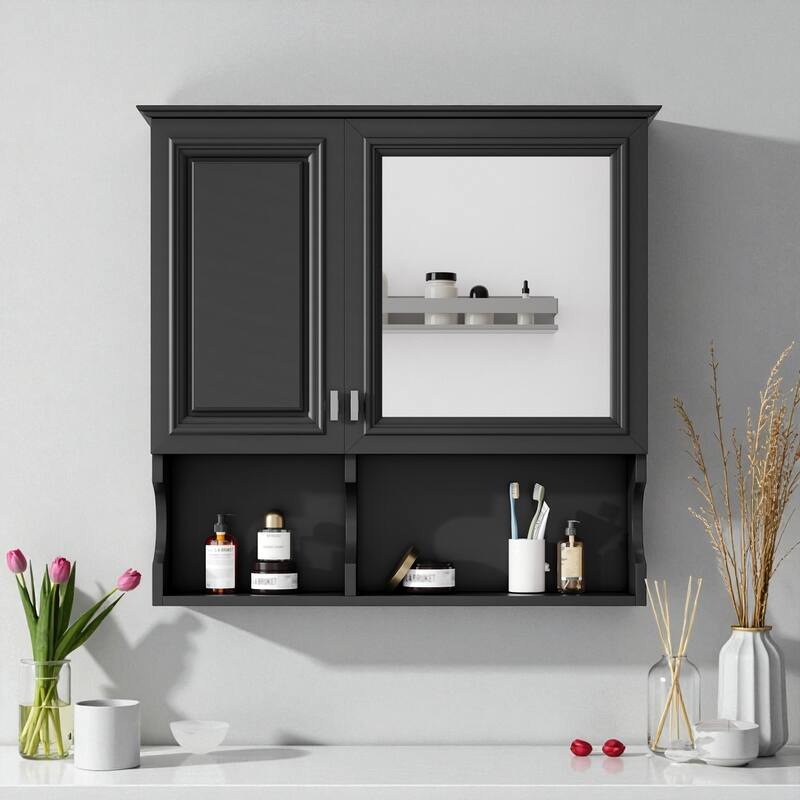 30" Wall Mounted Mirror Medicine Cabinet with Adjustable Shelf, Bathroom Storage Cabinet with Doors and Open Shelves - Black