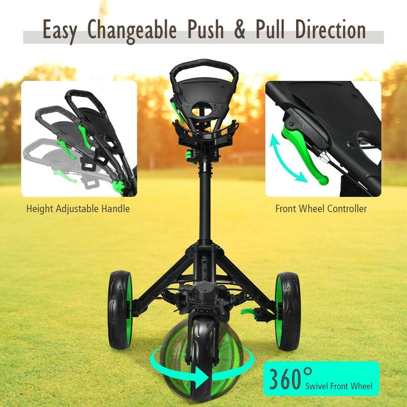 3 Wheel Folding Golf Push Cart with Scoreboard and Adjustable Handle, Green