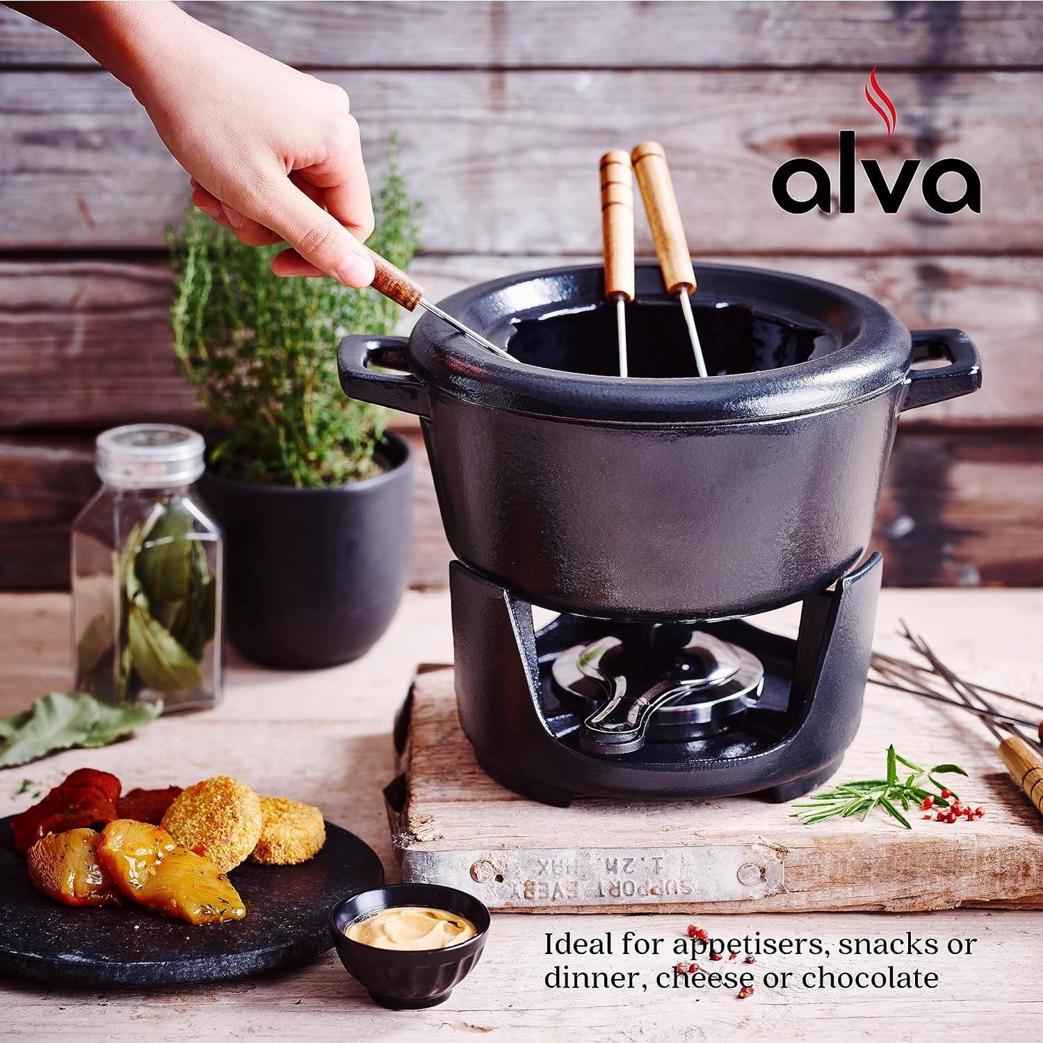 Alva Nori Cast Iron Round Fondue Pot Set with 8 Fondu Forks, 2 Quart