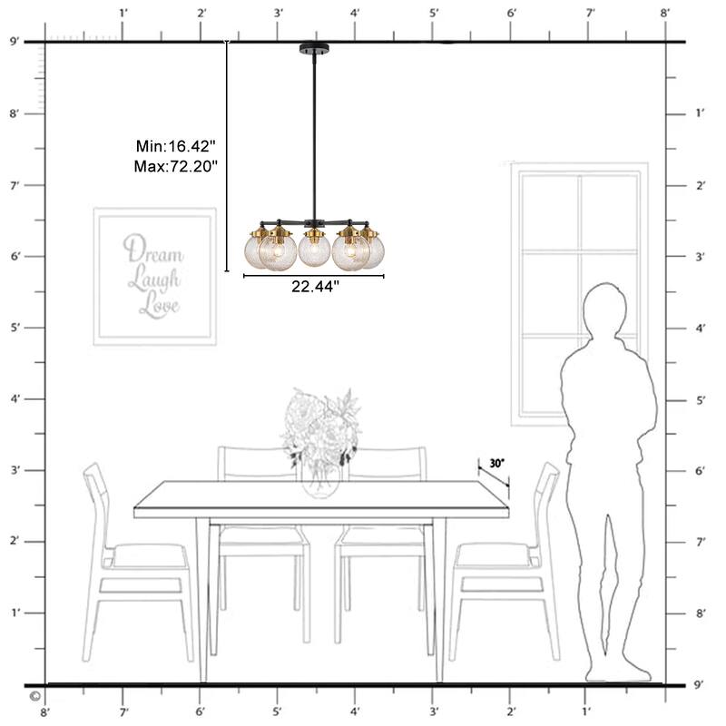 5-Light Modern Branch Chandelier with Clear Crackled Glass Globes - Dia.22.44-in