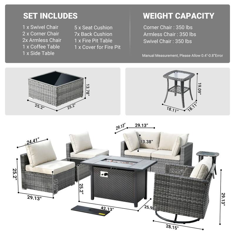 HOOOWOOO 8-piece Rattan Wicker Patio Furniture Set with Fire Pit