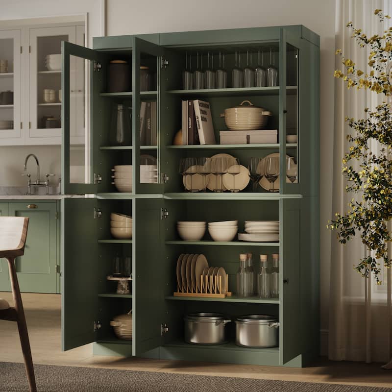 Palace Imports 100% Solid Wood 48.5" Pantry Cabinet with Clear Glass, Shaker Doors and Adjustable Shelves