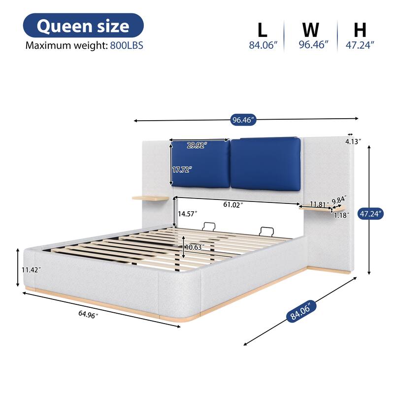 Upholstered Platform Bed Frame with Side Storage Panels, Soft Rounded Corners, Cushioned Headboard & No Box Spring Needed