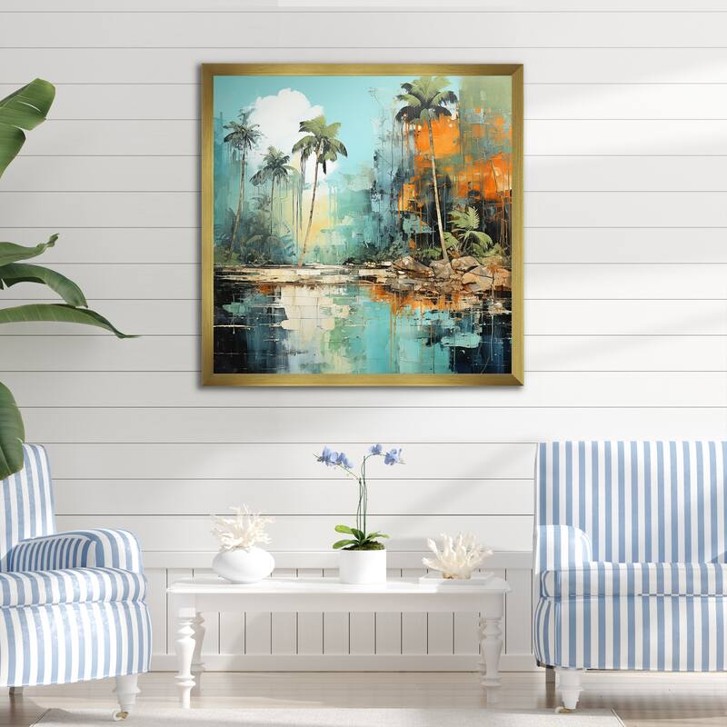 Designart "Tropical Jungle River III" Coastal Tropical Wall Decor Green Coastal Entryway Framed Wall Art Print - 30 in. wide x 30 in. high - Gold