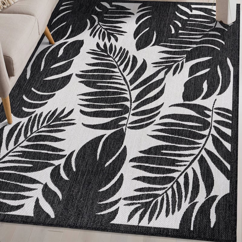 World Rug Gallery Floral Leaves Textured Flat Weave Indoor/Outdoor Area Rug