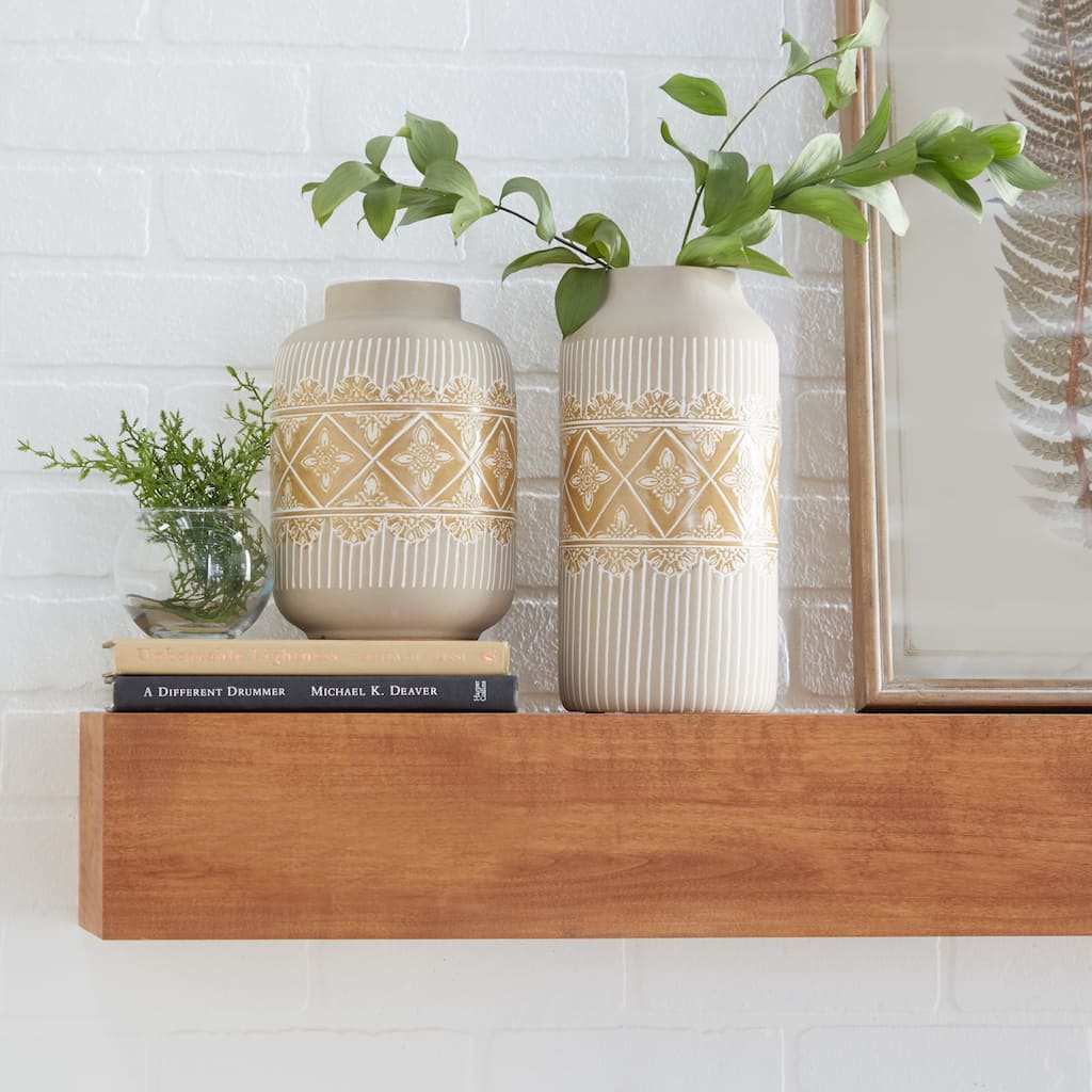 Beige Ceramic Handmade Floral Decorative Vase with Diamond Pattern (Set of 2)