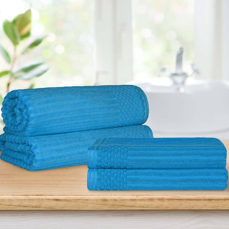 Superior Ribbed Cotton Absorbent Heavyweight Bath Sheet and Bath Towel Set - Azure