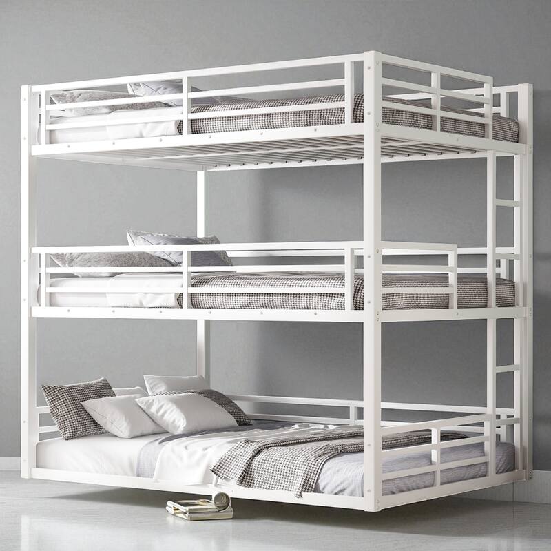 Metal Triple Bunk Bed Twin/Full/Twin XL/Queen with Safety Guardrails, Noise-Free Slats, Heavy Duty Frame