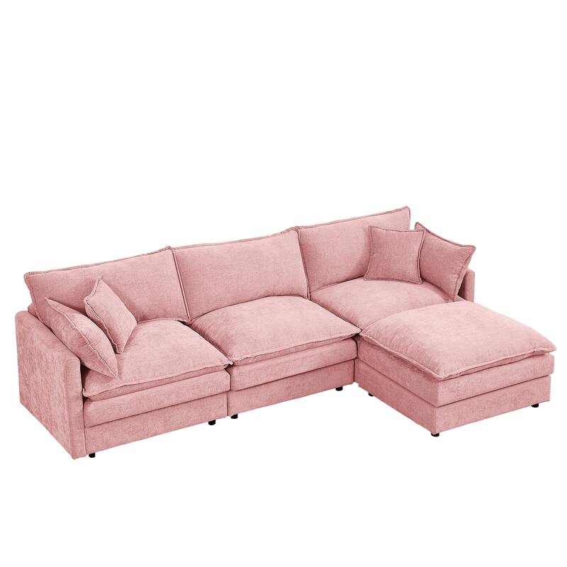 L Shaped Modular Sectional Sofa with Movable Ottoman, Chenille Upholstered Cloud Couch, Deep Seat Sofa with Pillow