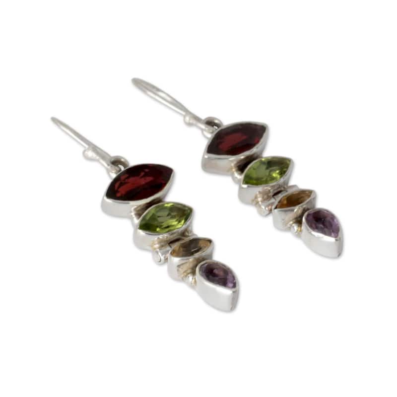 Sterling Silver 'Fantastic Quartet' Multi-gemstone Earrings (India)