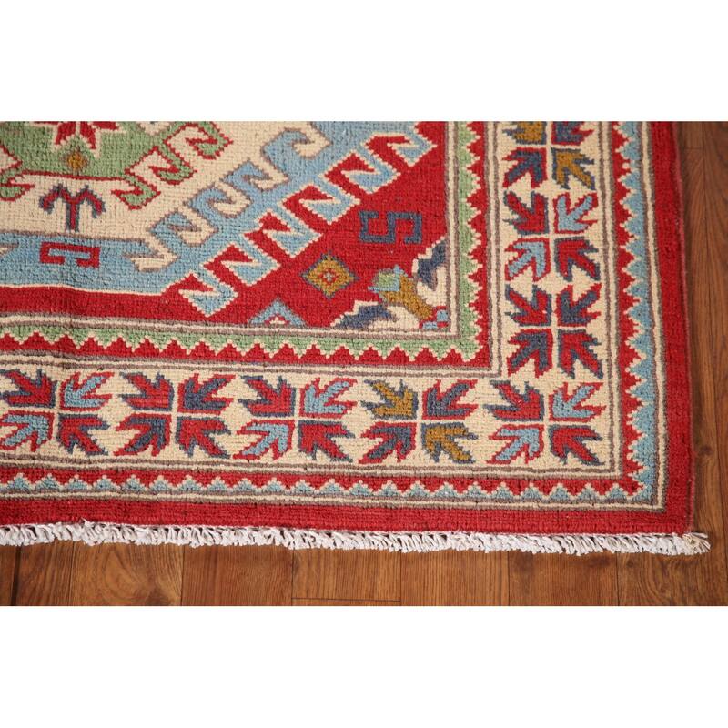 Geometric Red Kazak Oriental Rug Handmade Wool Carpet - 3'3"x 5'1"
