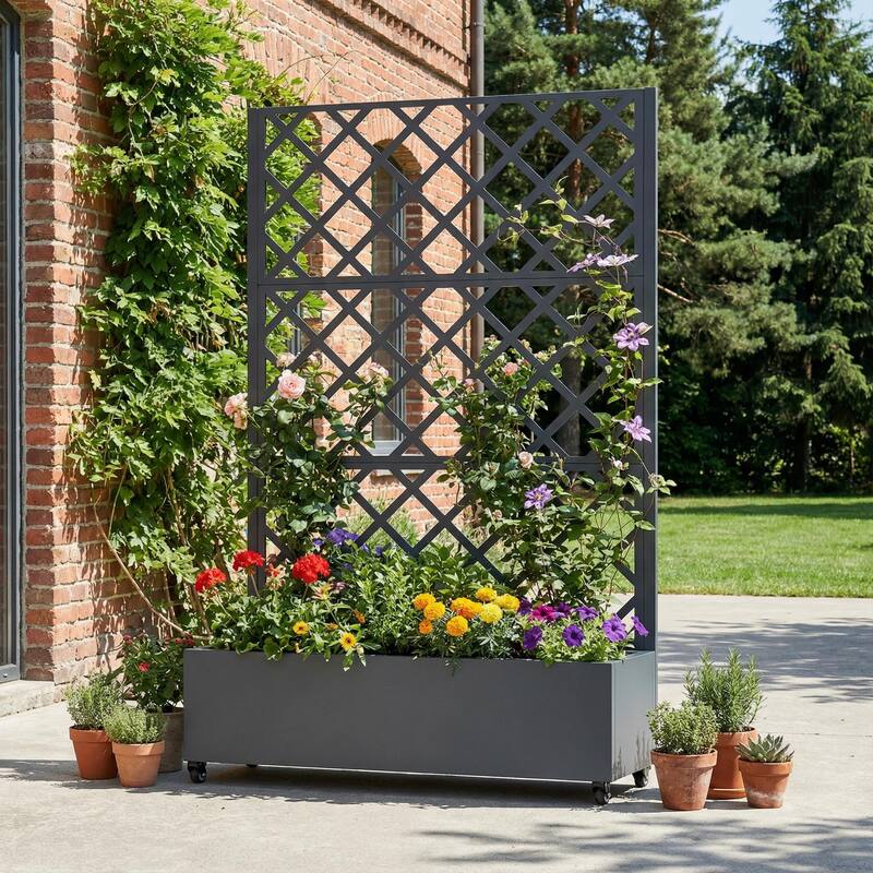 Raised Garden Bed Planter with Trellis Movable Planter Box with Lockable Wheels - Dark Grey - 72*47