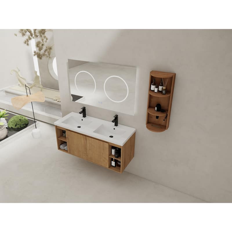 Wall-Mounted Bathroom Vanity With Double Sink and Storage Rack
