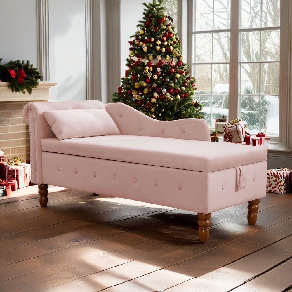 Kimberly Velvet Chaise Lounge with Storage and Pillow by GDFStudio - 58.26"L x27.9"W x 28.3"H