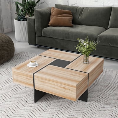 High-gloss Design Square Coffee Table,Sliding Tabletop with 4 Hidden Storage