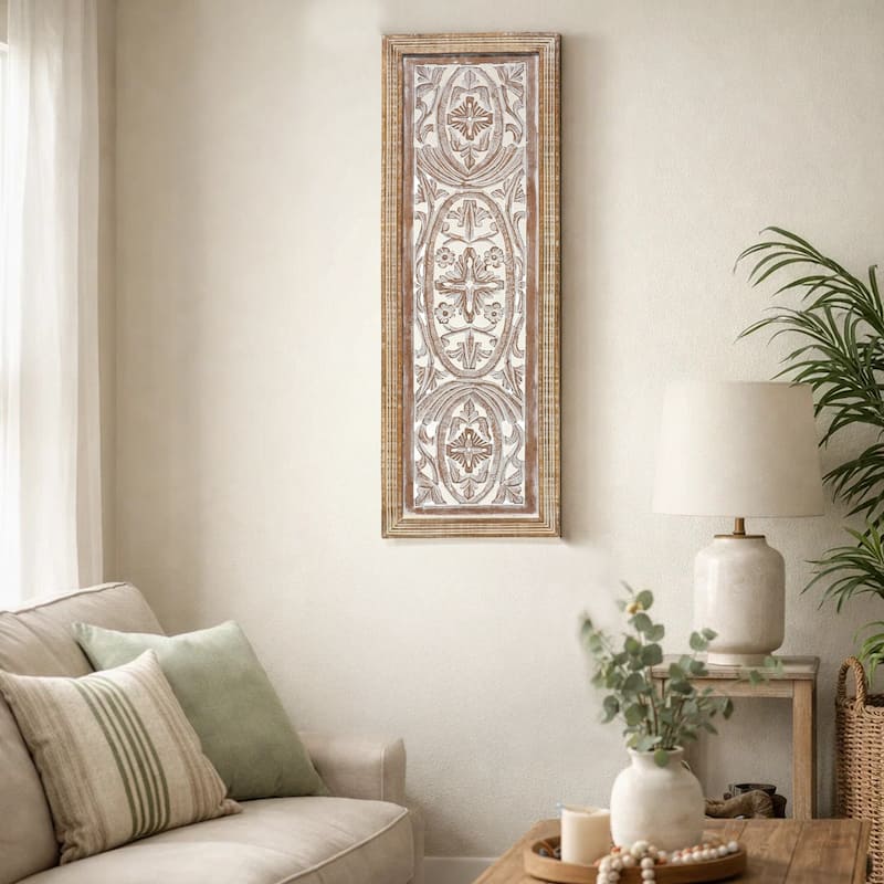 Rectangular Mango Wood Wall Panel Hand Crafted With Intricate Carving, White and Brown