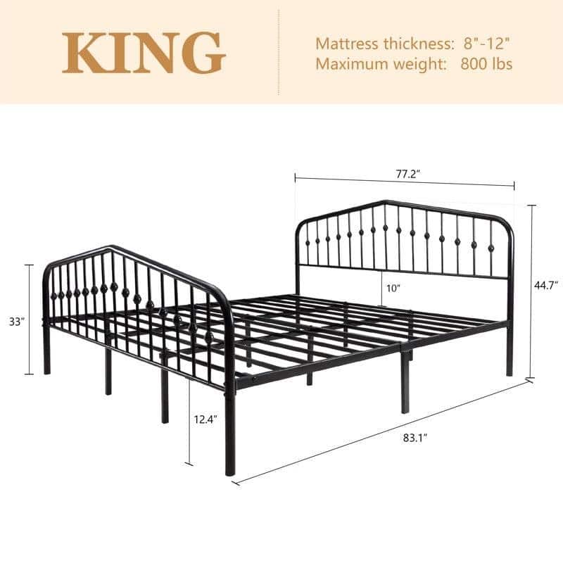 Vintage Farmhouse Black Metal Platform Bed with Spindle Headboard and Footboard No Box Spring Required