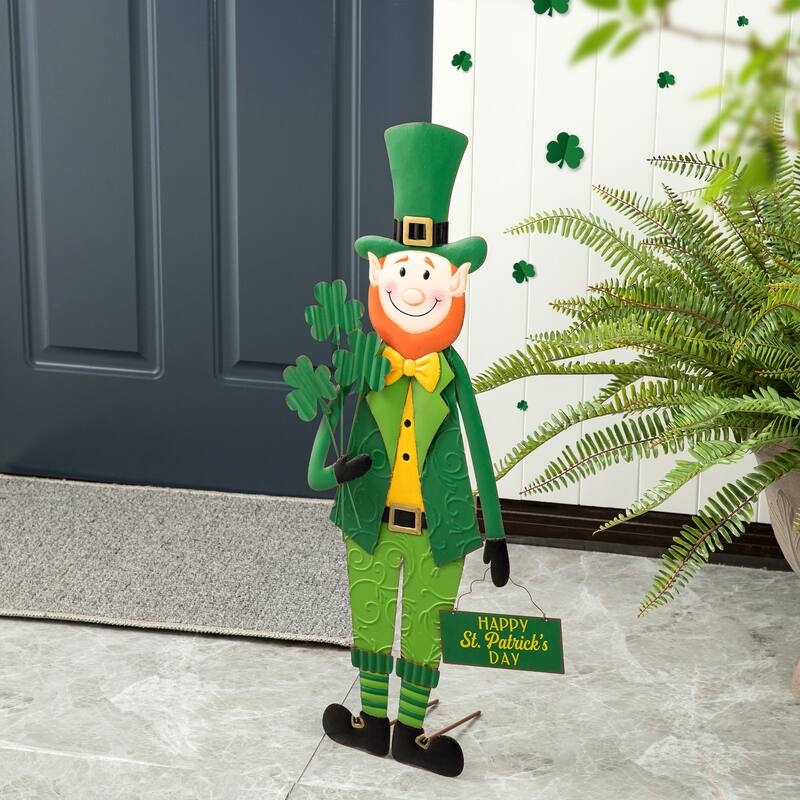 Glitzhome 36"H St. Patrick's Metal Leprechaun Decor(Three Function)
