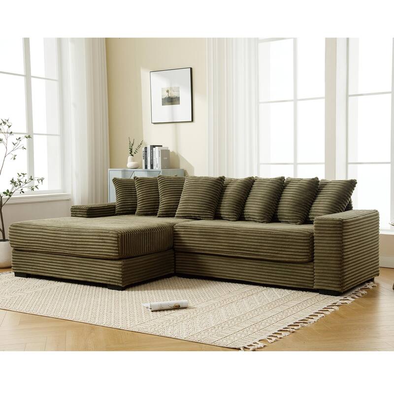 L Shaped Sectional Sleeper Sofa Corduroy Corner Sofa with Chaise Lounge and 8 Throw Pillows, Oversized Modular Daybed