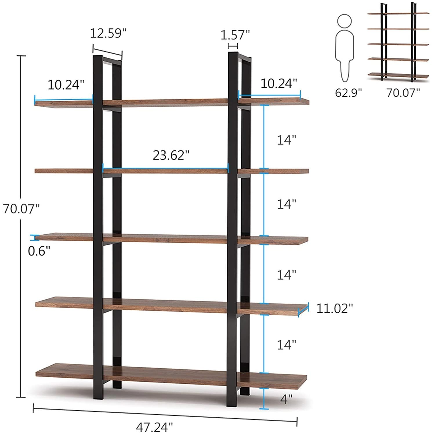 5-Tier Bookshelf, Vintage Industrial Style Bookcase