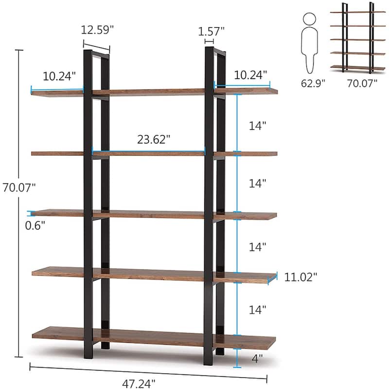 5-Tier Bookshelf, Vintage Industrial Style Bookcase
