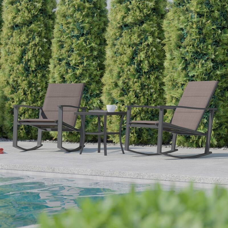 3 Piece All-Weather Rocking Chairs and Glass Top Table Bistro Set