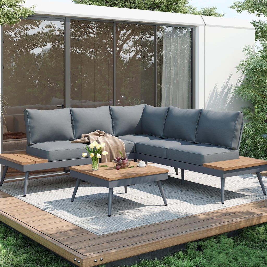 Mid-Century Modern Outdoor Sectional Sofa with Faux Wood Accents