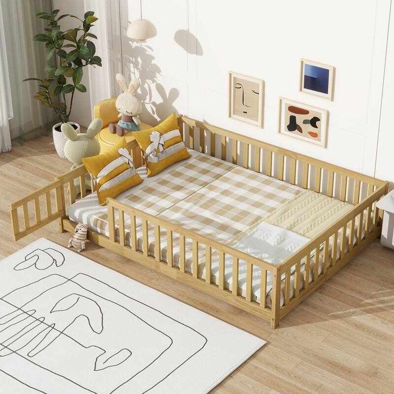 Wooden Floor Bed Frame with Slats Support, Twin Size Kids Floor Bed, Rubber Wood Twin Floor Bed Frame with Fence and Door