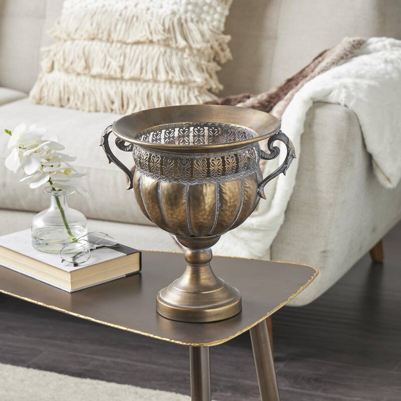 Metal Urn Shaped Decorative Vase with Hammered Details and Cut Outs - Bronze - Roche River Decor