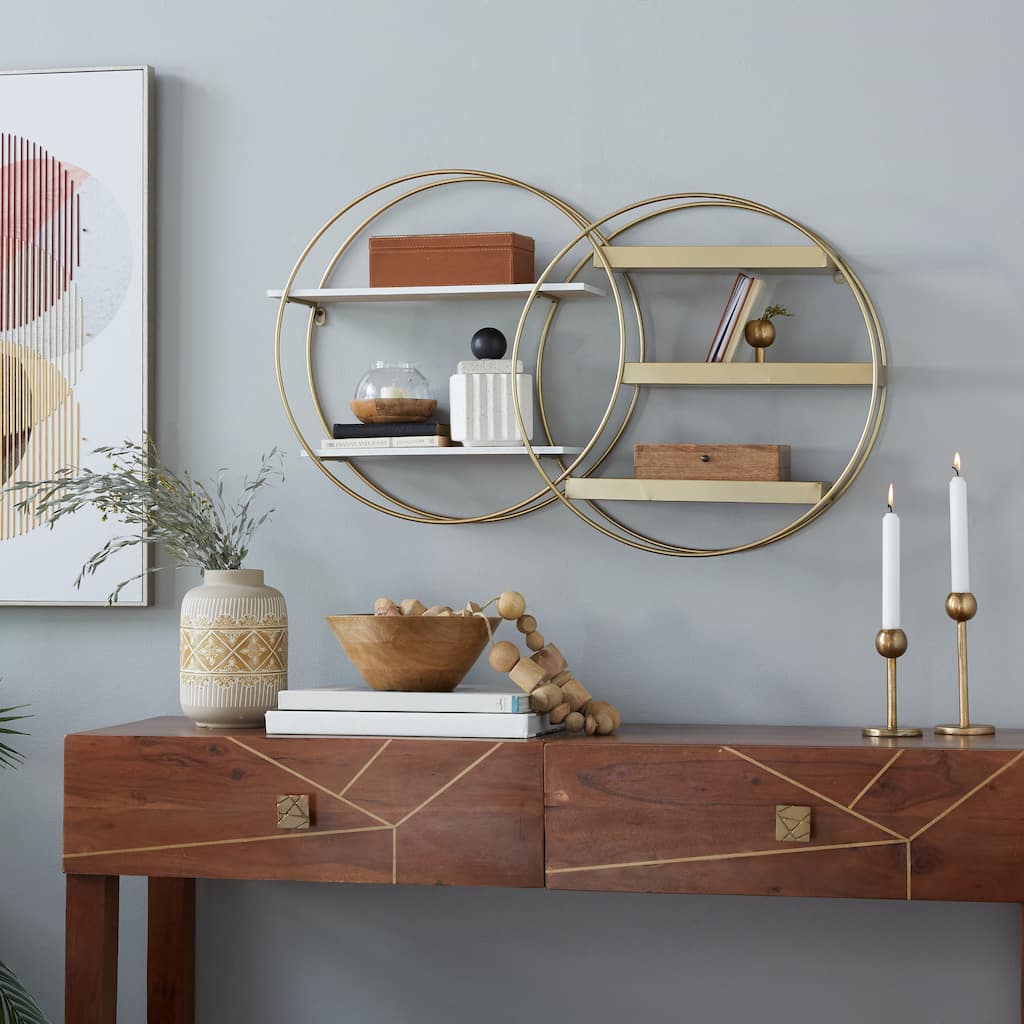 Metal Overlapping Circle 5 Level Geometric Wall Shelf with Wood Accents - Gold or Black