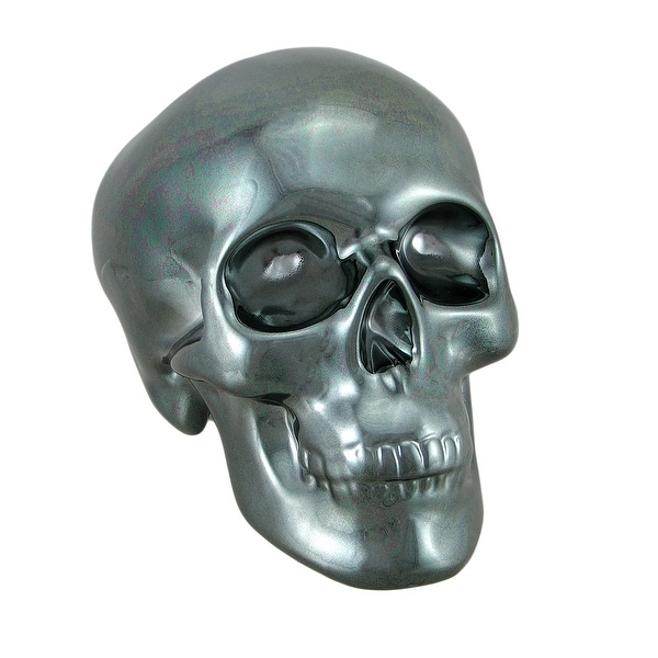 Polished Gunmetal Black Chrome Plated Ceramic Human Skull Money Bank - 5.25 X 7.5 X 4.75 inches. Opens flyout.