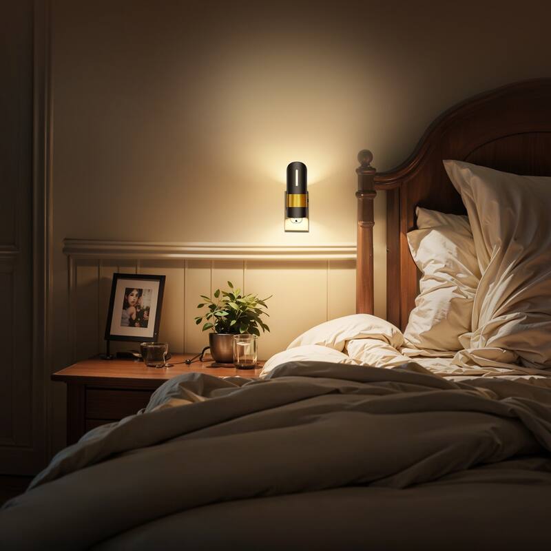 YANSUN Set of 2 Plug-in Light Sensor Night Lights Bamboo Hollow Shade Wall Lamps Black&Copper Tone Warm 3000K Dimmable