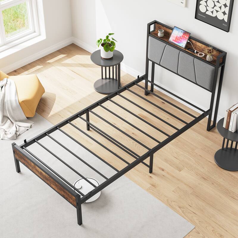 Anmytek Full Size Bed Frame with Headboard and Charging Station Industrial Rustic