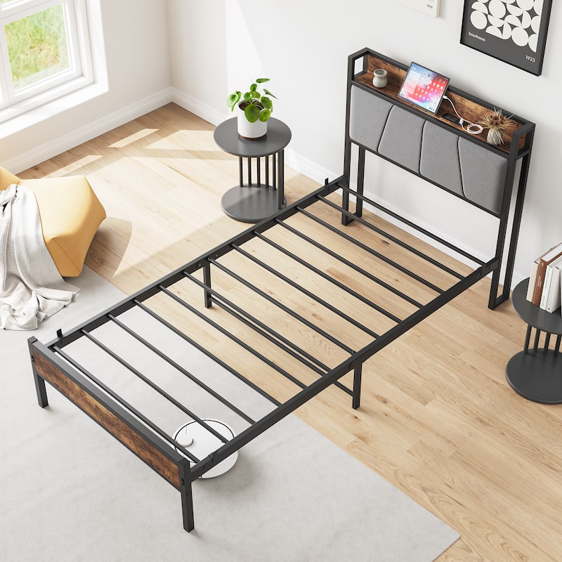 Platform Bed Metal Bed Frame, Storage Headboard with Charging Station, Under Bed Storage Clearance, Noise-Free, Easy Assembly