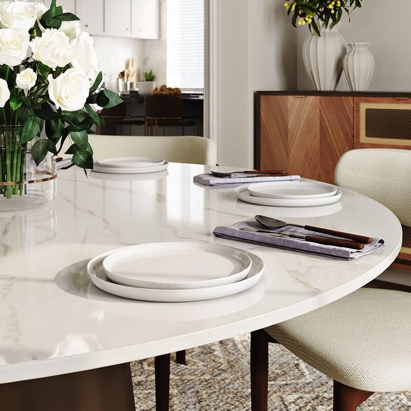 Modern Round White Dining Table，Sintered Stone Tabletop, Solid Black Carbon Steel Base