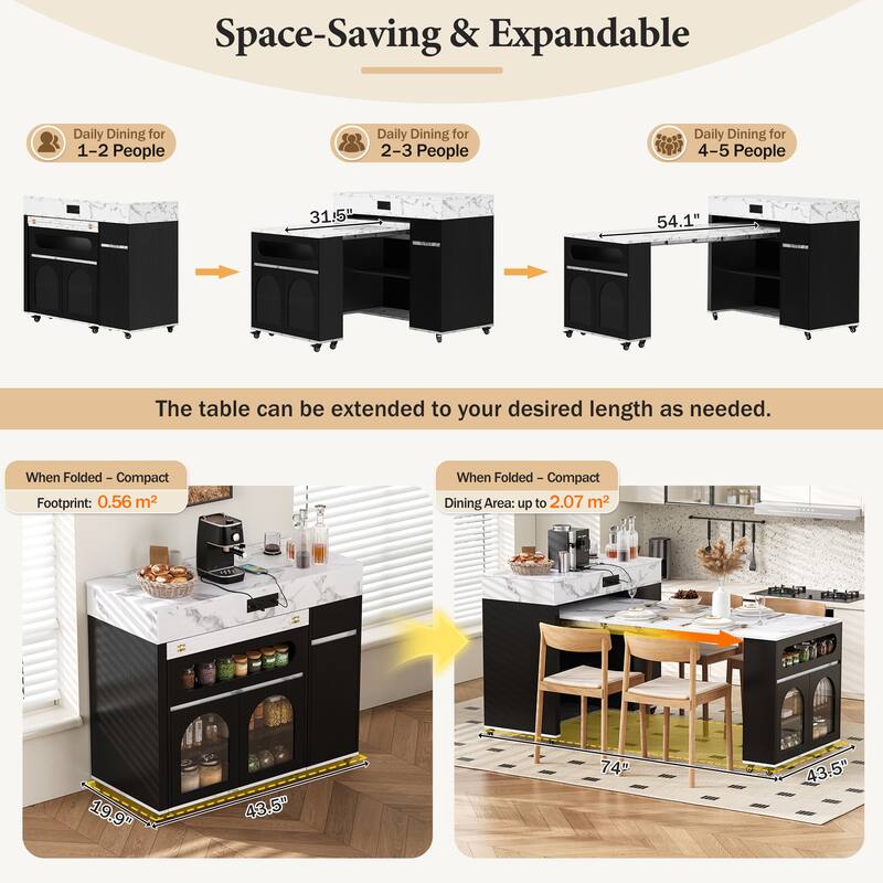 Extendable Dining Table & Rolling Kitchen Island Combo with Folding Top, Drawers & Power Outlet