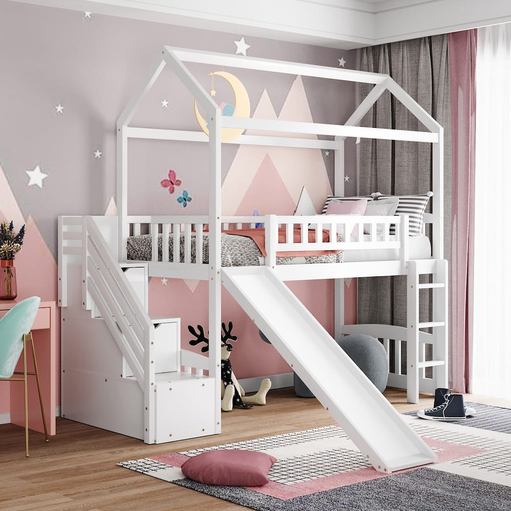 Space-Saving Twin Loft Bed with Slide, Drawers, and Storage Steps, White/Gray